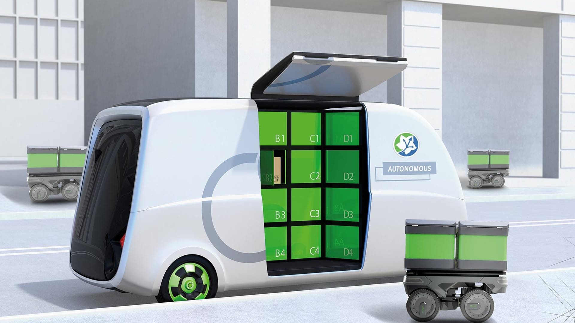 Eine "mobile Paketstation" (Visualisierung): Die Roboter sollen sich künftig an solchen Stationen die Pakete abholen.