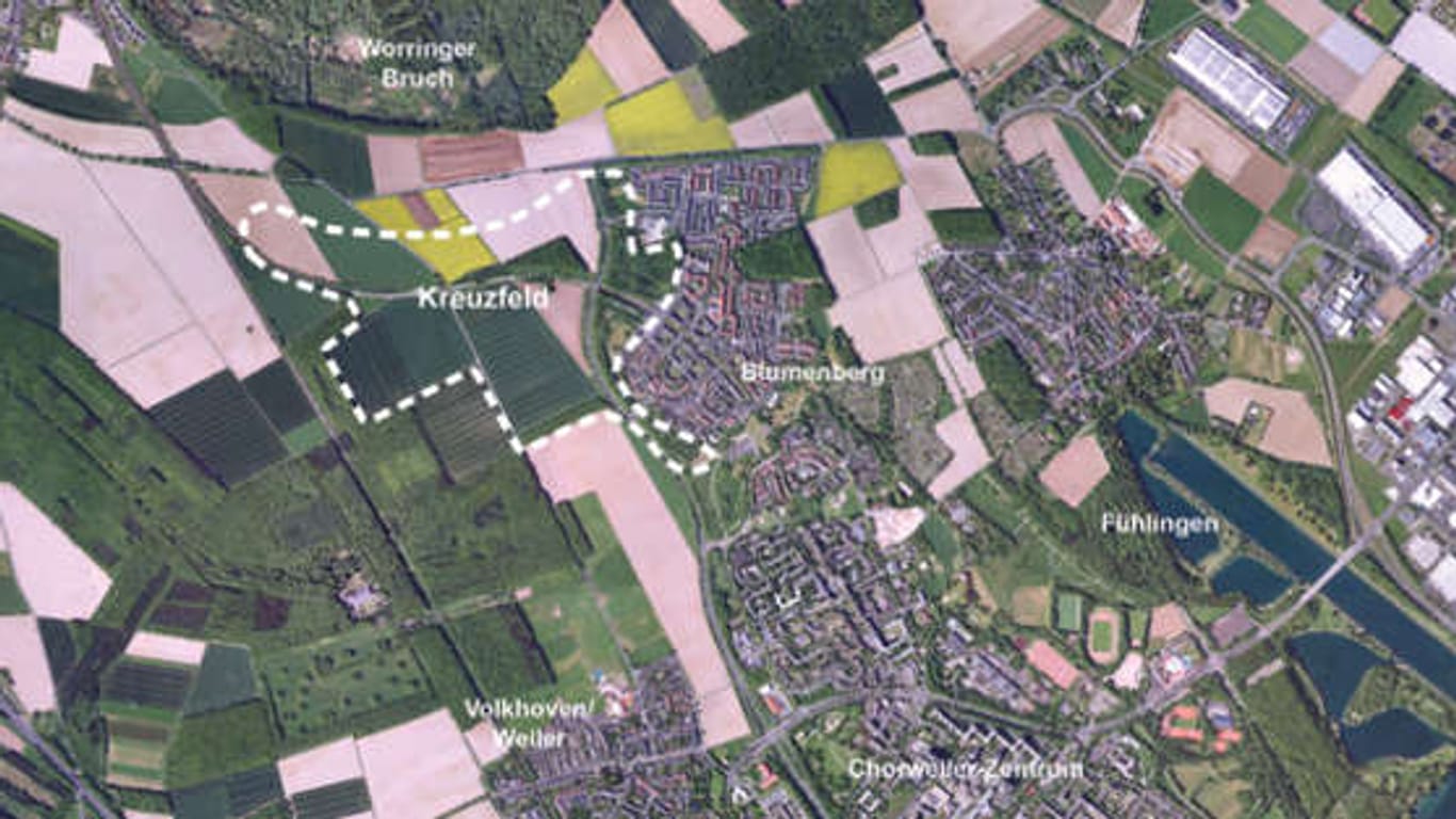 Eine Karte der Stadt zeigt: Zwischen Blumenberg und Worringer Bruch soll der neue Stadtteil entstehen.
