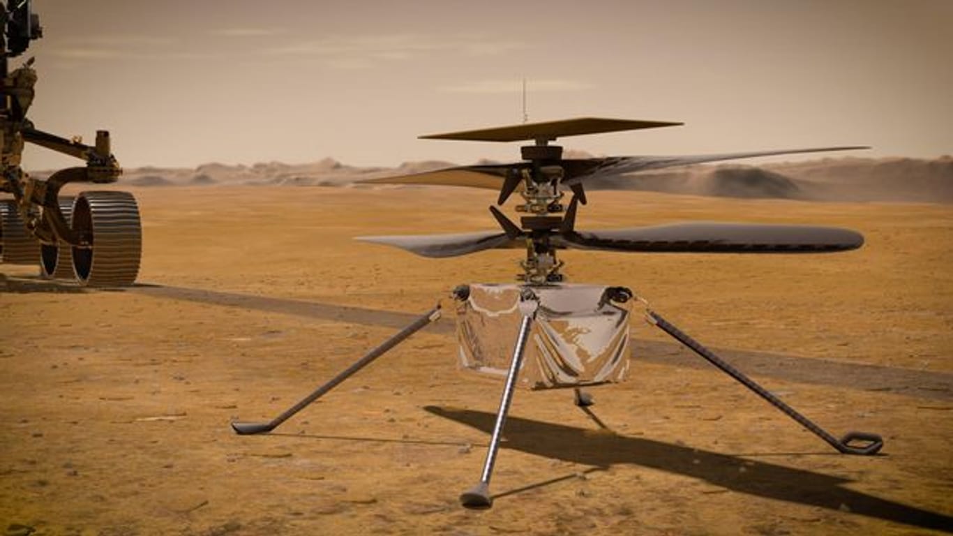 Eine Illustration zeigt den "Ingenuity-Hubschrauber" auf der Marsoberfläche.
