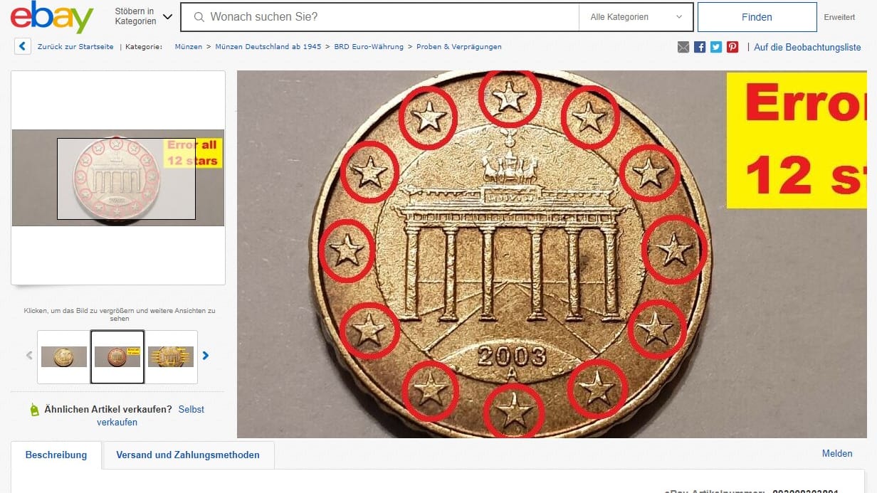 Eine 10-Cent-Münze wird auf Ebay für 3,9 Millionen Euro angeboten: Mehrere ungewöhnliche Fehlprägungen sollen das Sammlerstück so wertvoll machen.