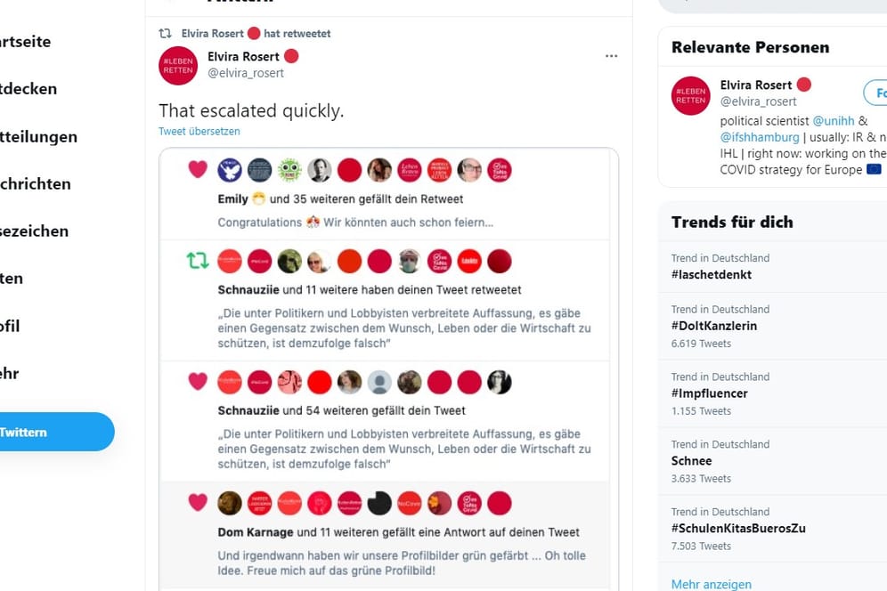 Viele Twitter-Profile haben einen roten Punkt: Das bedeutet, dass sie die "NoCovid"-Initiative unterstützen.