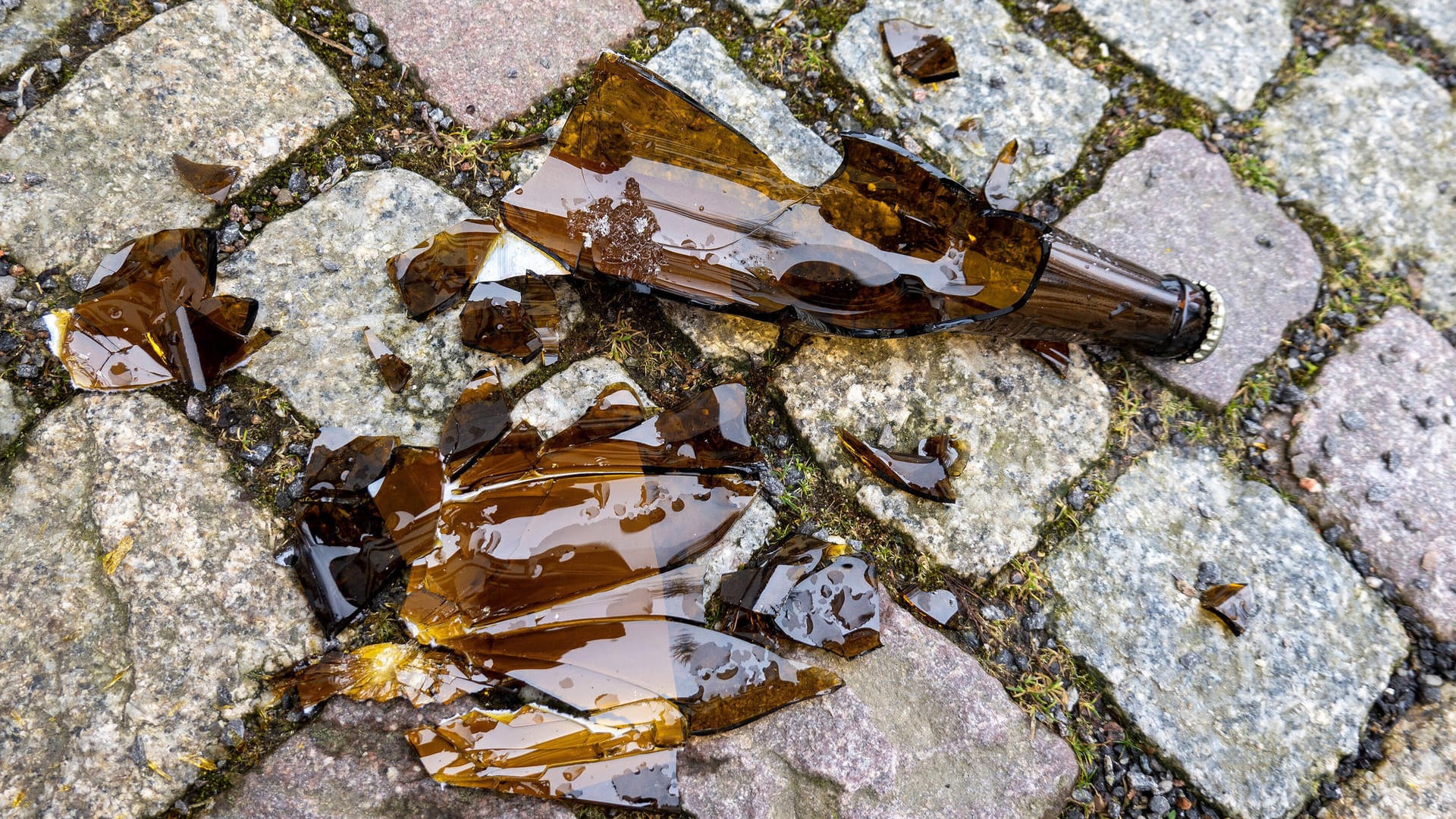 Eine kaputte Bierflasche liegt auf dem Boden (Symbolbild): Nach Flaschenwürfen auf Passanten wurden mehrere Minderjährige festgenommen. Eine kaputte Bierflasche liegt auf dem Boden (Symbolbild): Nach Flaschenwürfen auf Passanten wurden mehrere Minderjährige festgenommen.