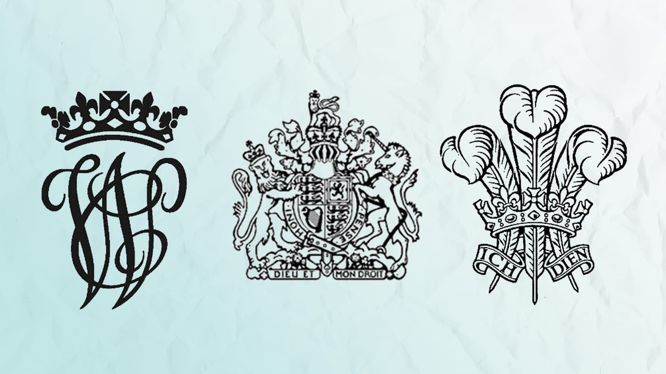 Das Monogramm von William und Kate, das Wappen der britischen Monarchie und das Wappen des Prince of Wales.