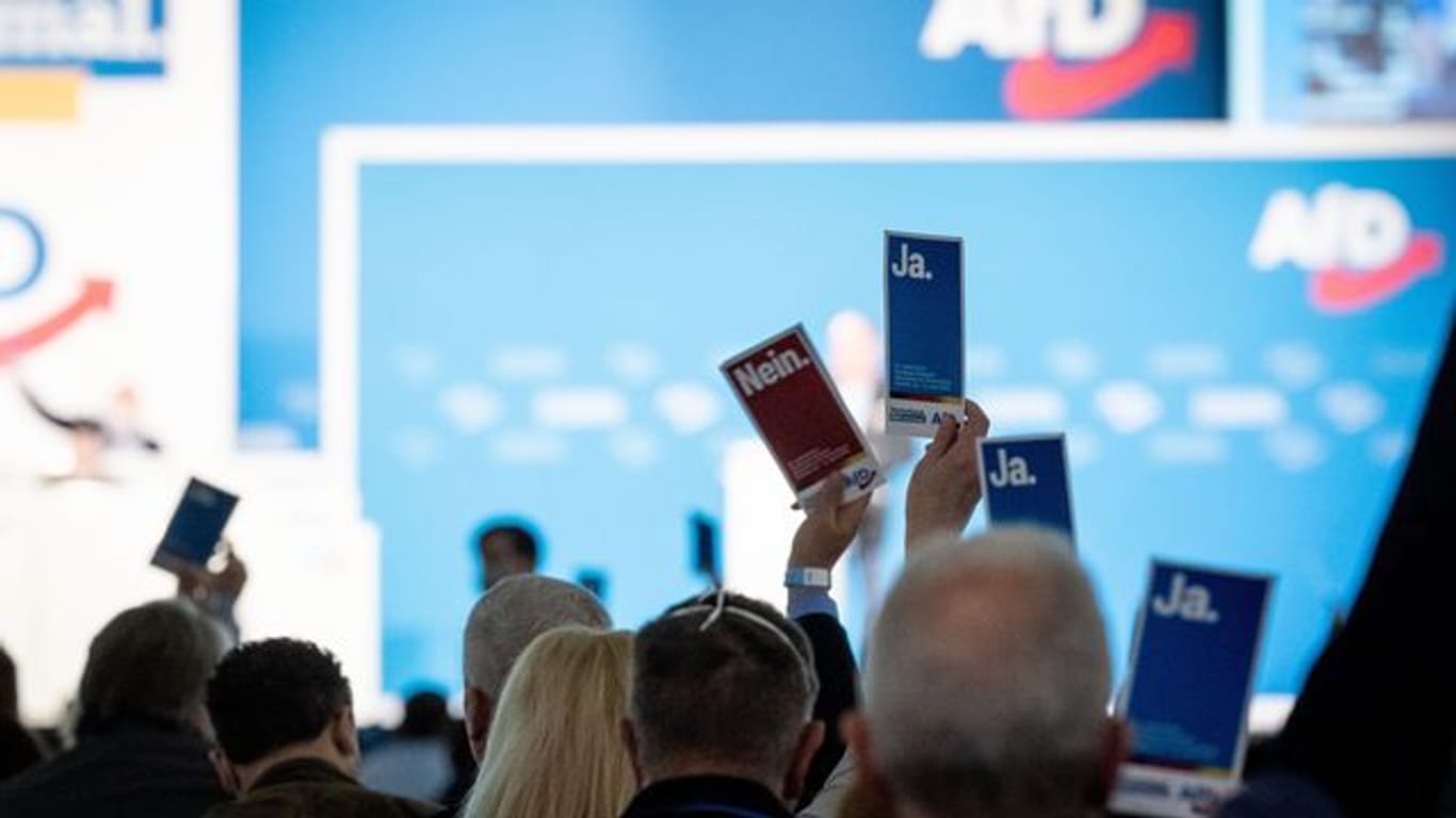 Delegierte heben in der Dresdener Messehalle beim Bundesparteitag der AfD ihre Stimmkarten.