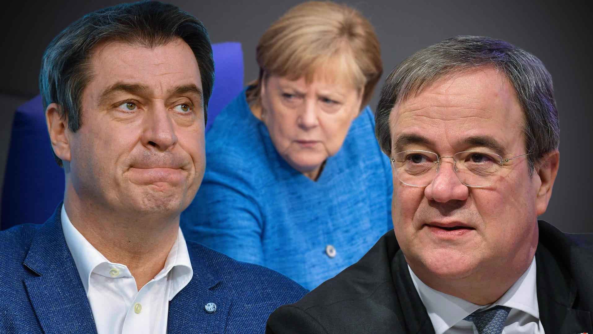 Markus Söder, Angela Merkel und Armin Laschet (Fotomontage): In vielen Umfragen liegt Bayerns Ministerpräsident nicht nur weit vor dem CDU-Chef, sondern auch vor der Bundeskanzlerin. Markus Söder, Angela Merkel und Armin Laschet (Fotomontage): In vielen Umfragen liegt Bayerns Ministerpräsident nicht nur weit vor dem CDU-Chef, sondern auch vor der Bundeskanzlerin.