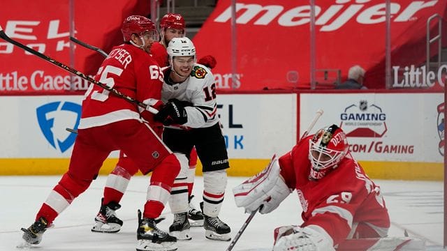 Thomas Greiss (r) setzte sich mit den Detroit Red Wings gegen die Chicago Blackhawks durch.