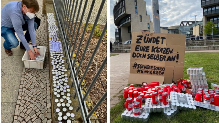 Kerzenprotest: Seit Samstag werden vor Staatskanzleien (links: Potsdam), Rathäuser und Landtage (rechts: Düsseldorf) Tee- und Grablichter gelegt.