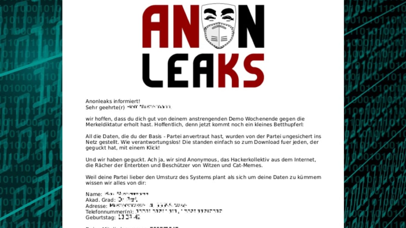Post von Anonymous: Diese Mail bekamen Mitglieder der Partei "dieBasis" offenbar, nachdem das Hackerkollektiv an die Daten aus der Mitgliederverwaltung gelangt war.