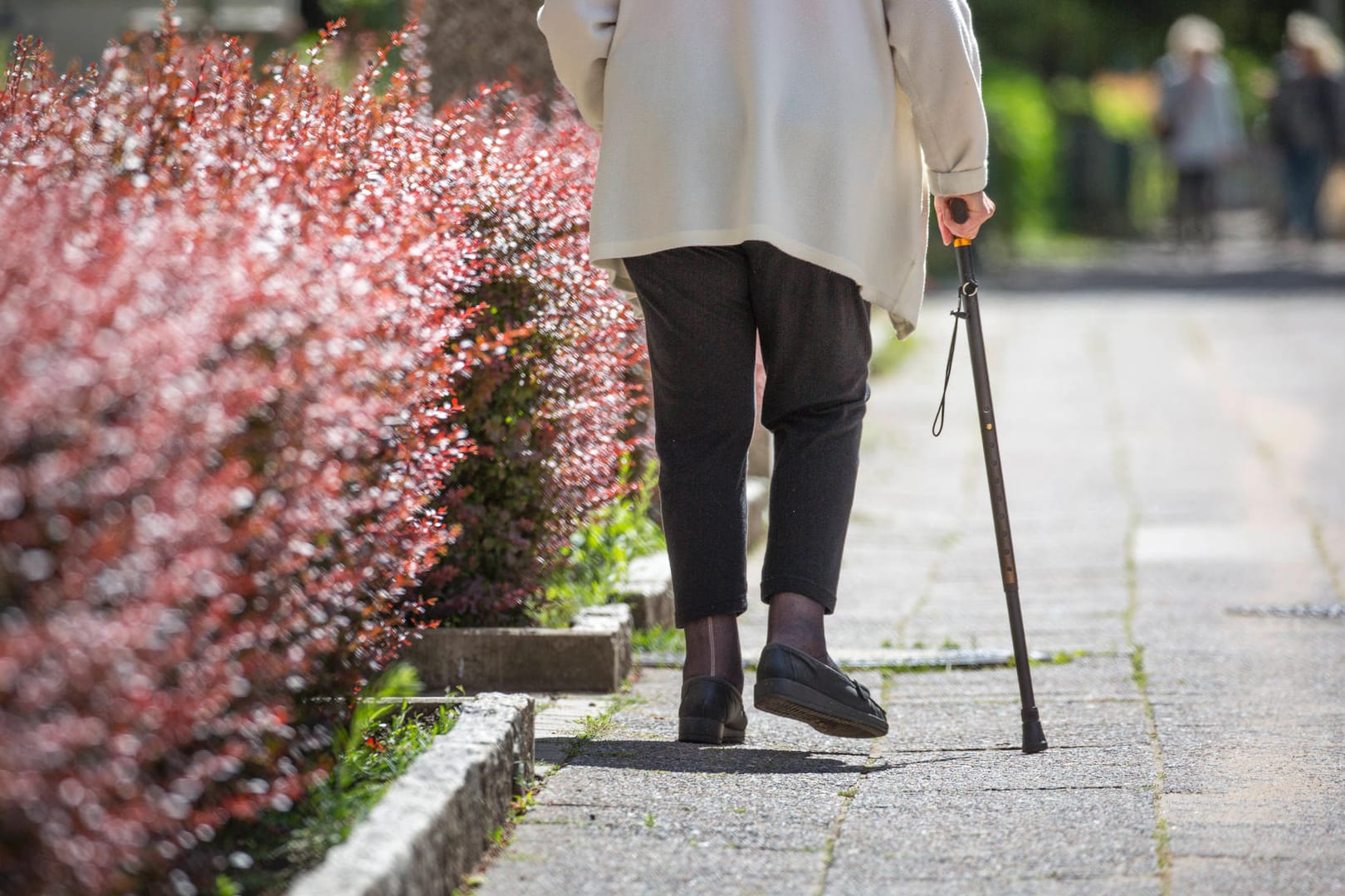 Eine Person läuft mit einem Krückstock (Symbolbild): In Hagen hat ein Unbekannter damit Passanten und einen Hund attackiert.