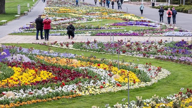 Besucher der Bundesgartenschau gehen über das Gelände auf dem Egapark: Trotz in Kraft getretener Bundesnotbremse sind die Außenbereiche der Buga geöffnet.