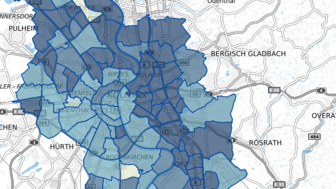 Eine Karte der Stadt Köln: Sie zeigt, welche Stadtteile wie stark von Corona betroffen sind.