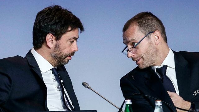 UEFA-Präsident Aleksander Ceferin (r) und Juve-Boss Andrea Agnelli sind keine Freunde mehr.