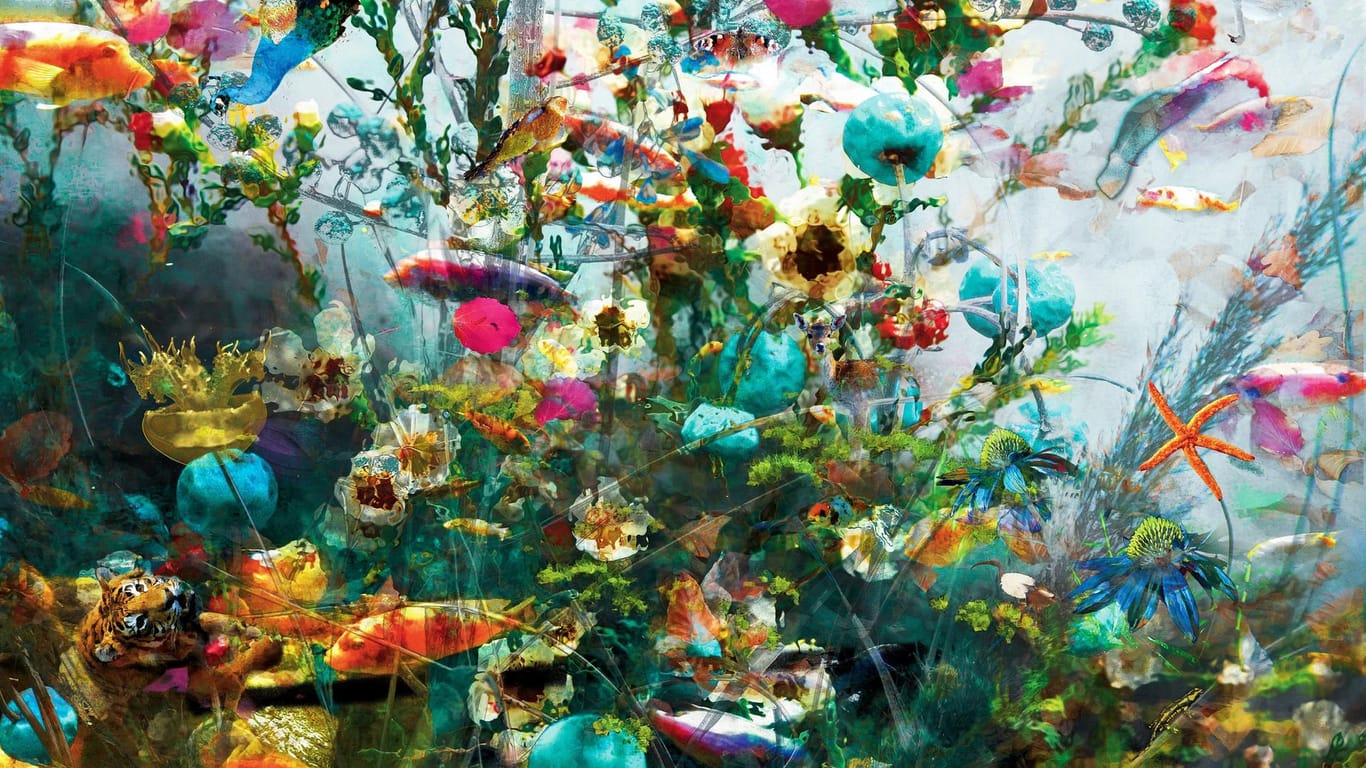 Bunte Blumen gemischt mit Unterwasser-Elementen: Der Digitaldruck auf Aluverbund heißt "Paradiese I".
