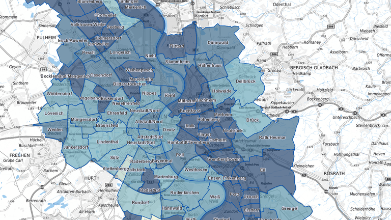 Die Karte zeigt die Inzidenzen der einzelnen Kölner Stadtteile. In den dunkelblauen Gebieten liegt der Inzidenzwert bei über 200.