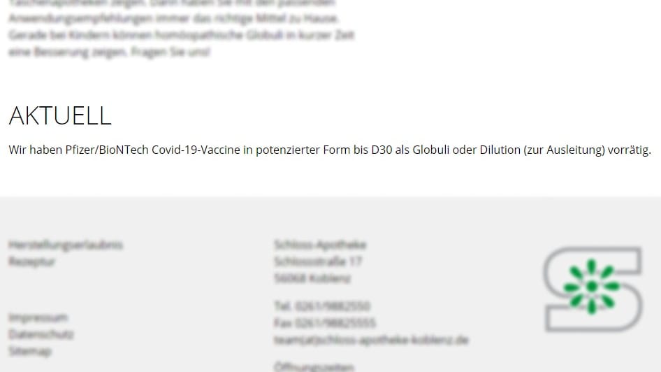 "Pfizer/BioNTech-Vaccine als Globuli oder Dilution": der Hinweis auf der Internetseite. Er wurde am Freitagmittag gelöscht. Staattdessen wurde ein Hinweis veröffentlicht, dass das homöopathische Mittel keinen impfähnlichen Schutz bietet.