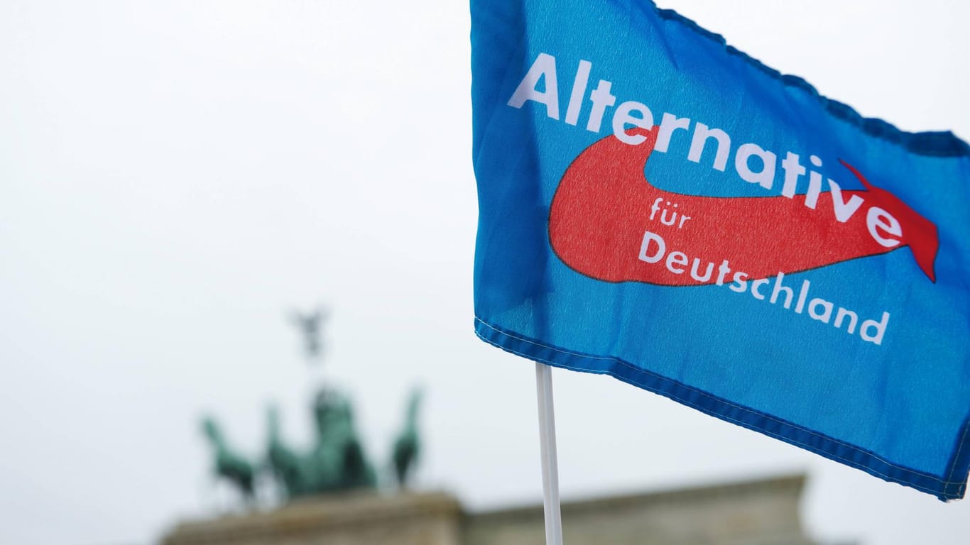 AfD-Flagge vor dem Brandenburger Tor in Berlin: Der Berliner Verfassungsschutz stuft die Landes-AfD wohl als "Verdachtsfall" ein.