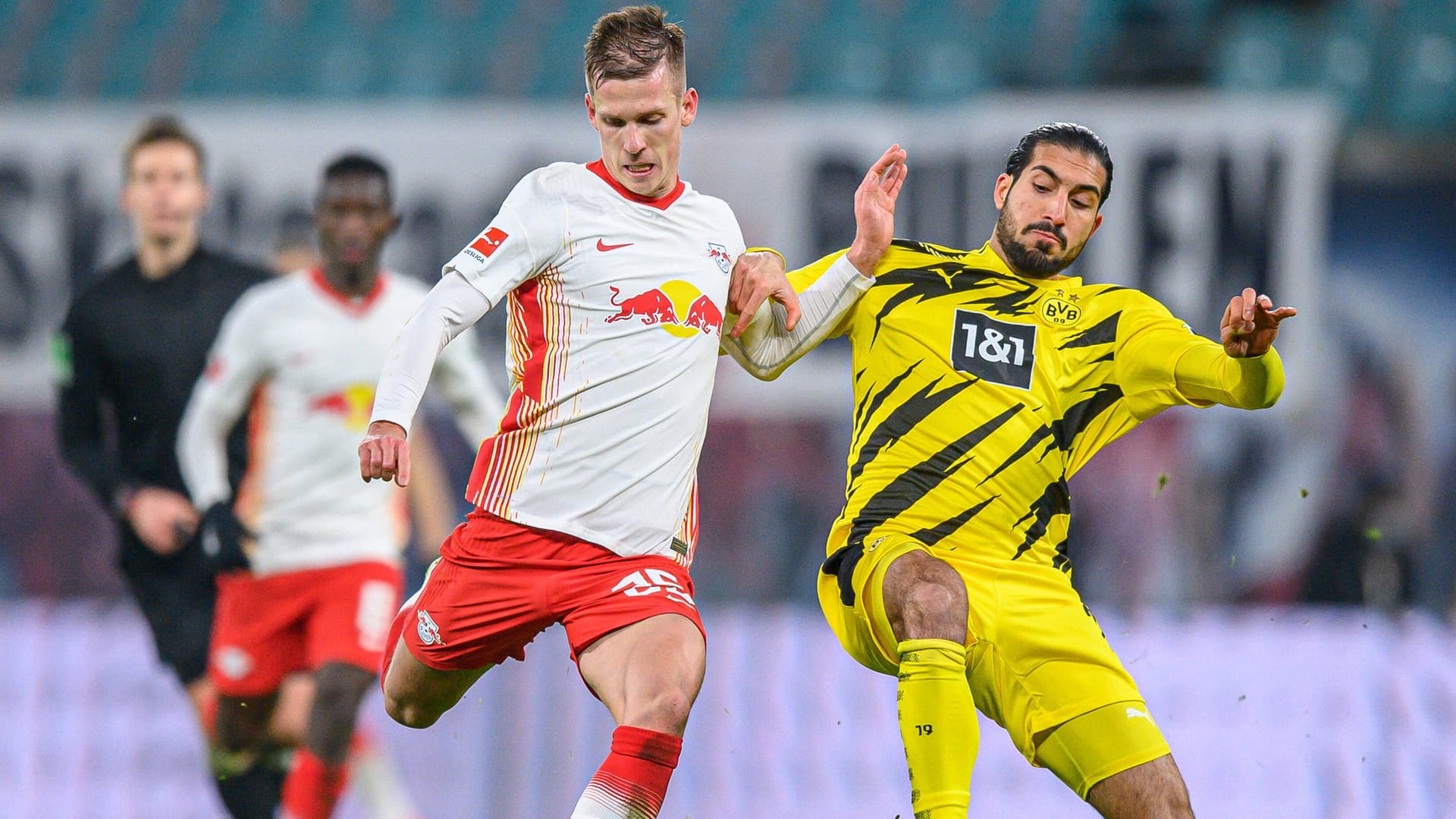 Treffen im Pokalfinale aufeinander: Leipzigs Dani Olmo (l.) und Dortmunds Emre Can. Treffen im Pokalfinale aufeinander: Leipzigs Dani Olmo (l.) und Dortmunds Emre Can.