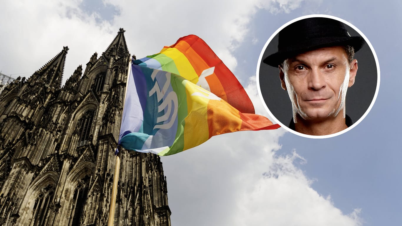 Vor dem Kölner Dom weht eine Regenbogenfahne (Archivbild): In seiner dieswöchigen Kolumne mahnt Peter Brings (kl. Foto) den Umgang der katholischen Kirche mit homosexuellen Paaren an.