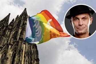 Vor dem Kölner Dom weht eine Regenbogenfahne (Archivbild): In seiner dieswöchigen Kolumne mahnt Peter Brings (kl. Foto) den Umgang der katholischen Kirche mit homosexuellen Paaren an.