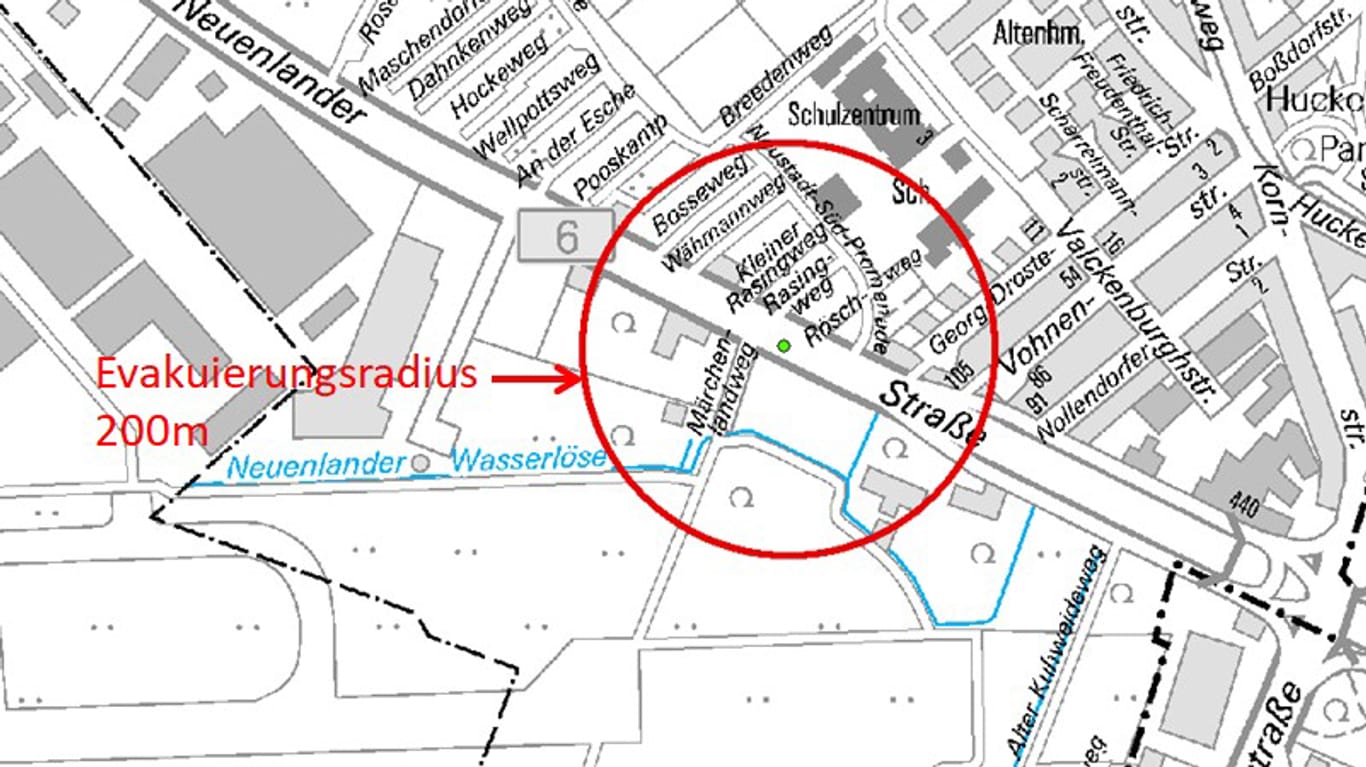 Der Evakuierungsradius: Die Schule auf der Valckenburghstraße ist von den Maßnahmen nicht betroffen.