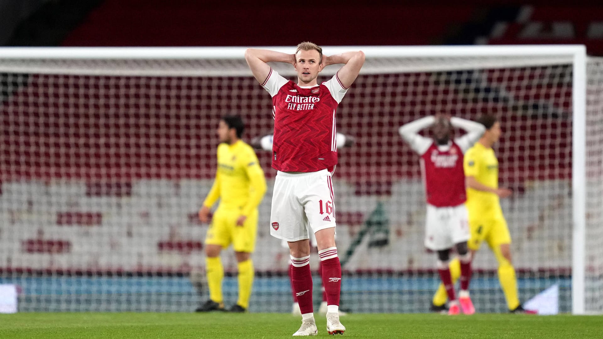 Arsenal v Villarreal - UEFA Europa League - Semi Final - Second Leg - Emirates Stadium Arsenal s Rob Holding reacts dur