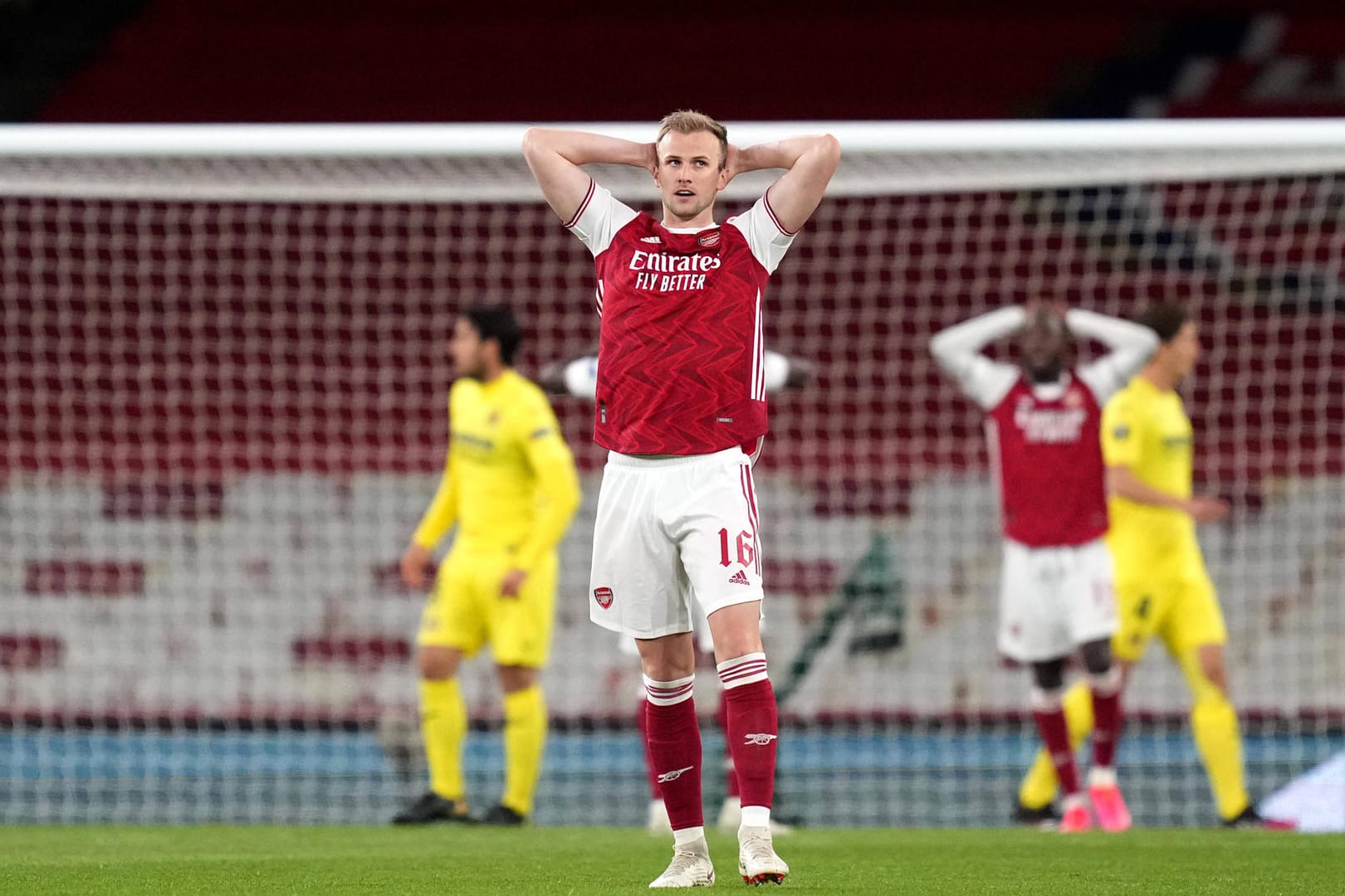 Arsenal v Villarreal - UEFA Europa League - Semi Final - Second Leg - Emirates Stadium Arsenal s Rob Holding reacts dur