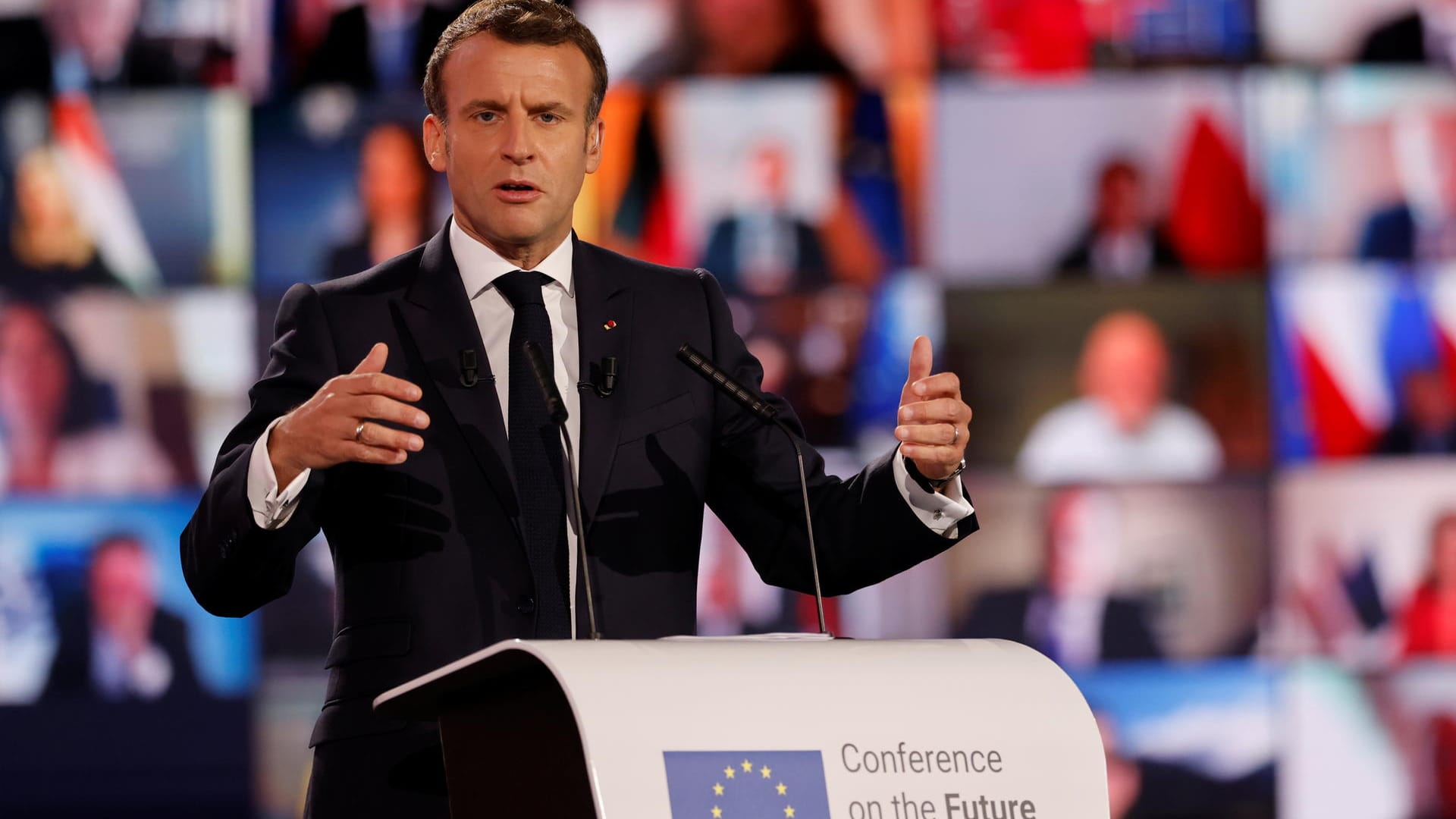 French President Emmanuel Macron delivers his speech on the Future of Europe and to mark Europe Day, at the European Parliament in Strasbourg