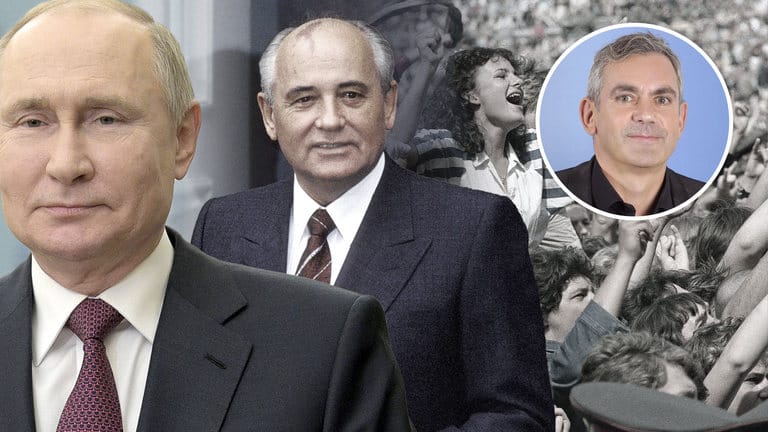 Michail Gorbatschow, Wladimir Putin und das Moscow Music Peace Festival 1989 (Collage von t-online): Rock erwies sich für die Sowjetunion als verhängnisvoll, sagt Wladimir Kaminer.