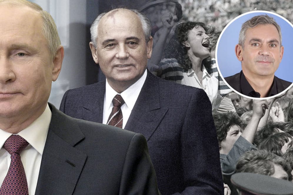Michail Gorbatschow, Wladimir Putin und das Moscow Music Peace Festival 1989 (Collage von t-online): Rock erwies sich für die Sowjetunion als verhängnisvoll, sagt Wladimir Kaminer.