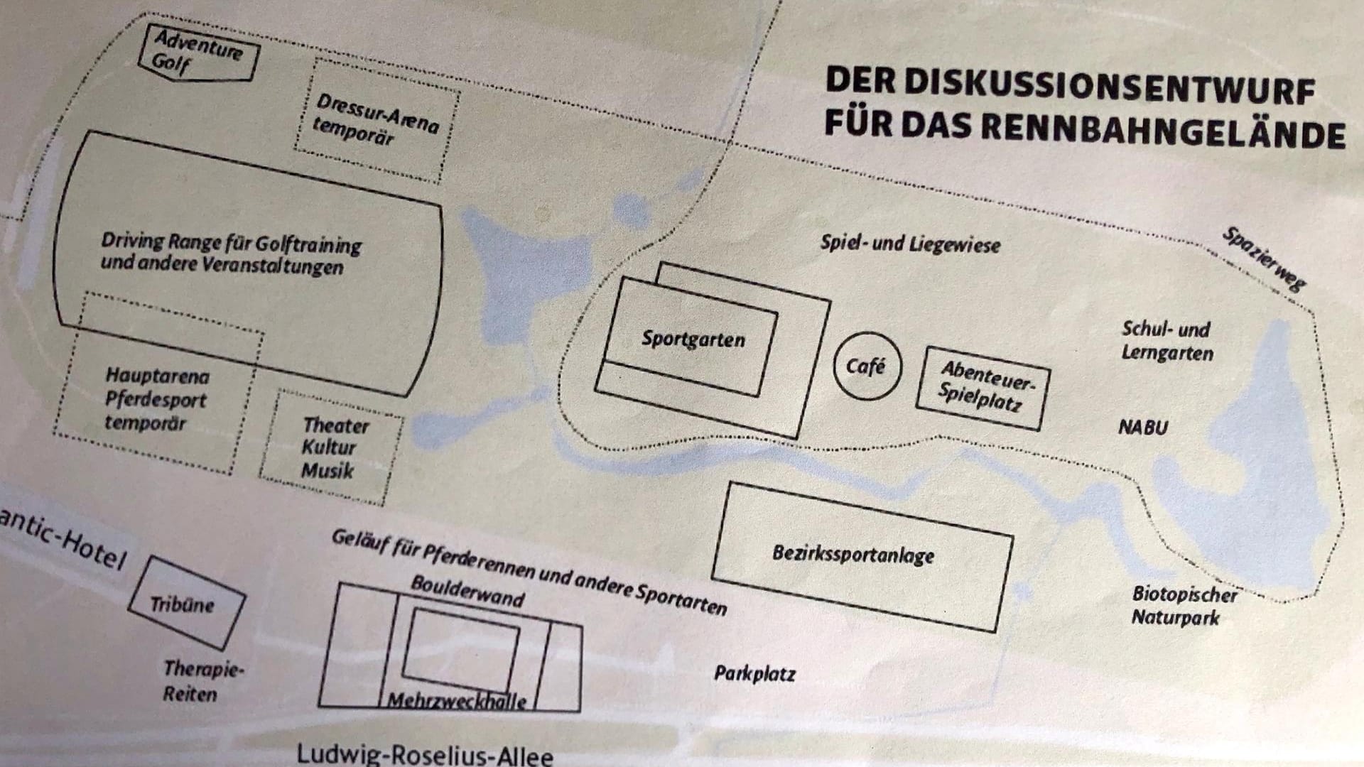 Diese Skizze zeigt eine mögliche Nutzung des Geländes. Sie wurde von der Bürgerinitiative ohne Anspruch auf Detailtreue erstellt.