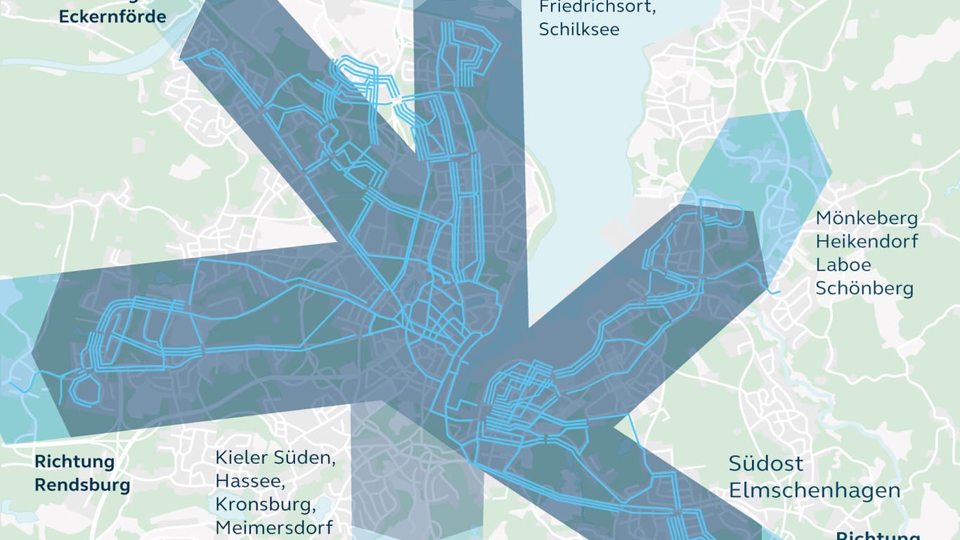 Mögliche Streckenverläufe der Tram in Kiel: Das Zentrum der Strecken soll der Kieler Hauptbahnhof sein.