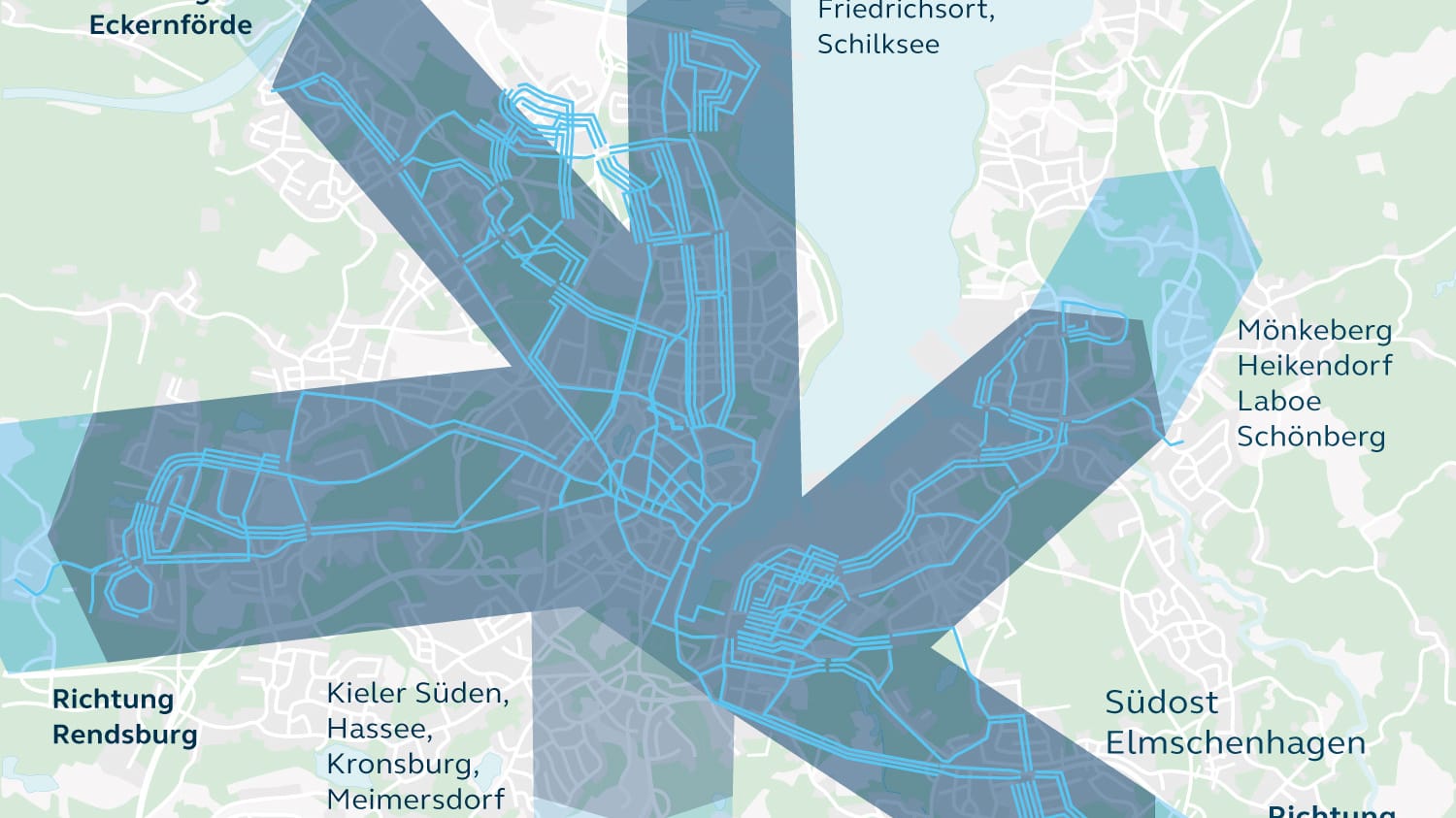 Mögliche Streckenverläufe der Tram in Kiel: Das Zentrum der Strecken soll der Kieler Hauptbahnhof sein.