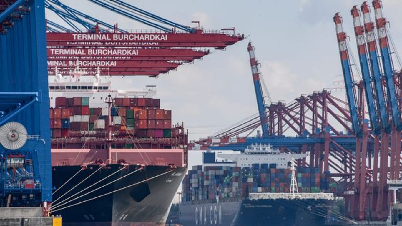 Containerschiffe werden am Eurogate (r) entladen