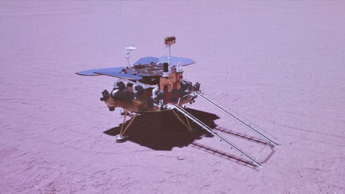 Das grafisch simulierte Bild zeigt die Landung der chinesischen Sonde auf dem Mars.