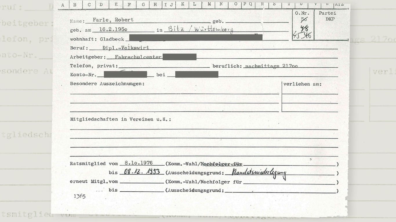 Dokument der Stadt Gladbeck: In einer Fahrschule will Farle gearbeitet haben. Mehrere frühere Genossen schließen das kategorisch aus.
