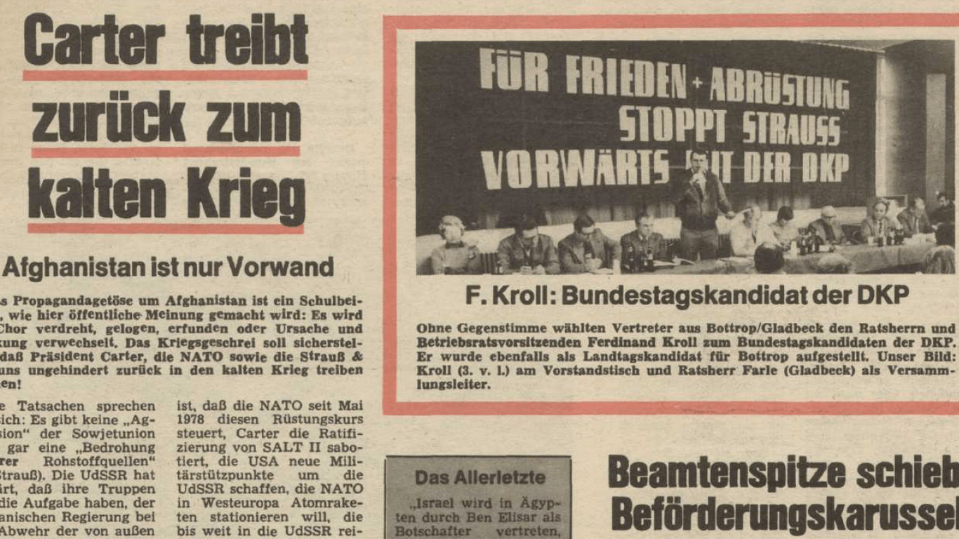 Auszug aus der DKP-Zeitung "UZ", 1980: Robert Farle leitet die Versammlung zur Wahl des DKP-Bundestagskandidaten im Wahlkreis.
