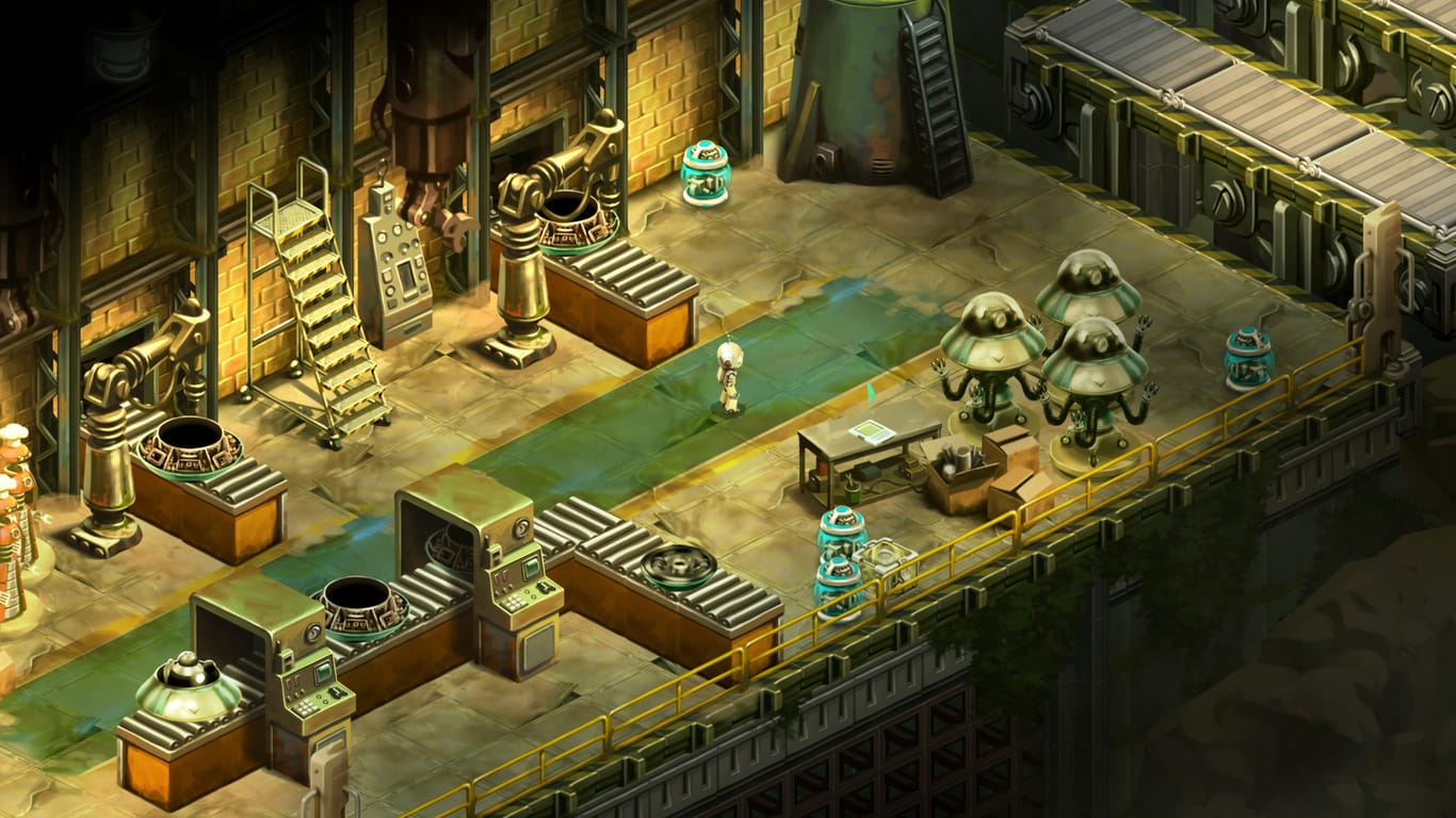 Screenshot aus dem Spiel "Retro Machina": Die Roboter in "Retro Machina" laufen Gefahr verschrottet zu werden – das gilt es im Spiel zu verhindern.