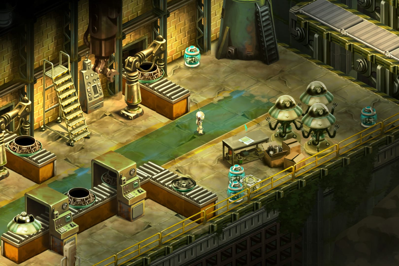 Screenshot aus dem Spiel "Retro Machina": Die Roboter in "Retro Machina" laufen Gefahr verschrottet zu werden – das gilt es im Spiel zu verhindern.