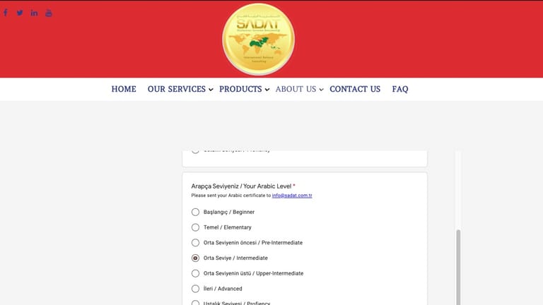 Der Screenshot von der Homepage von Sadat Defense zeigt ein Formular für Bewerber: Es wird nach Englisch- und Arabischkenntnissen gefragt.