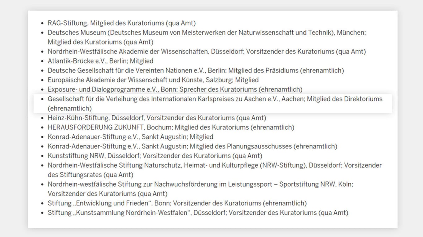 Angaben auf der Seite des Landes NRW: Ministerpräsident Laschet ist allerdings nicht mehr Mitglied im Direktorium des Karlspreises.