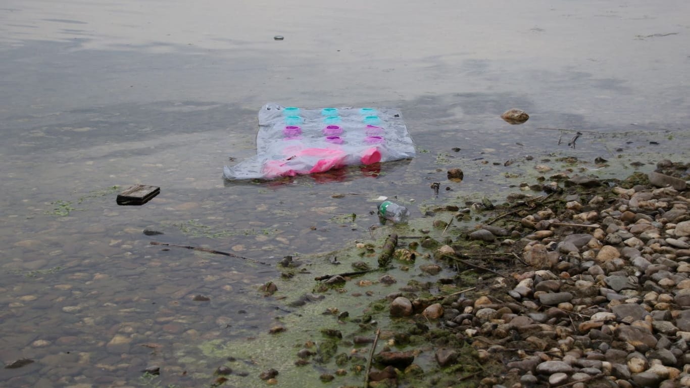 Eine Luftmatratze und andere Müll schwimmen in einem Gewässer: Das Gebiet ist für Privatbesucher eigentlich gesperrt.