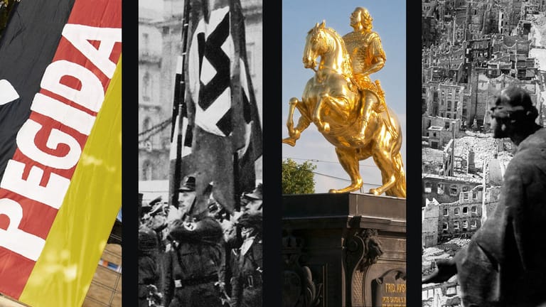Pegida-Fahne, Nazi-Aufmarsch in den Dreißigerjahren, Reiterstandbild in Dresden und die Zerstörung nach den Luftangriffen 1945 (Bildcollage t-online): Sachsen muss seine NS-Geschichte weiter aufarbeiten.