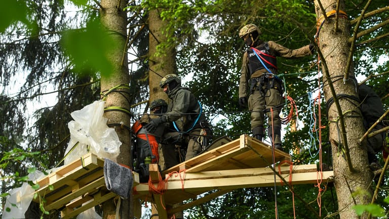Einsatzkräfte der Höhenintervention der Polizei räumen eine Plattform im Forst Kasten nahe München in ca. 8m Höhe zwischen Bäumen: Nach Angaben der Polizei und von Aktivisten gegen eine Rodung wurden zwei Personen von der Plattform geholt.