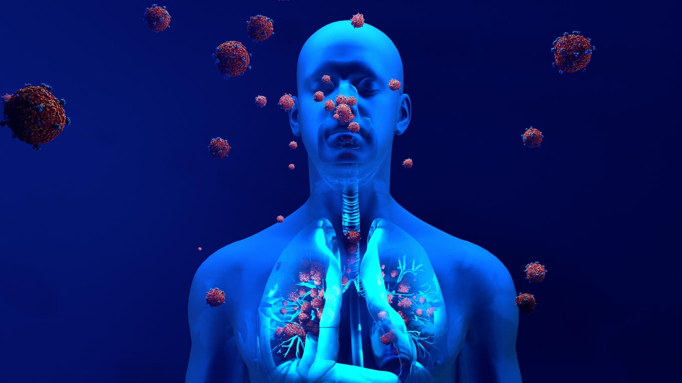 3D-Abbildung: Das Coronavirus wird hauptsächlich über die Tröpfcheninfektion übertragen.