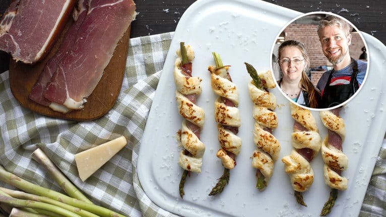 Spargel-Blätterteigstangen mit Schinken: Sie sind in nur 35 Minuten fertig.