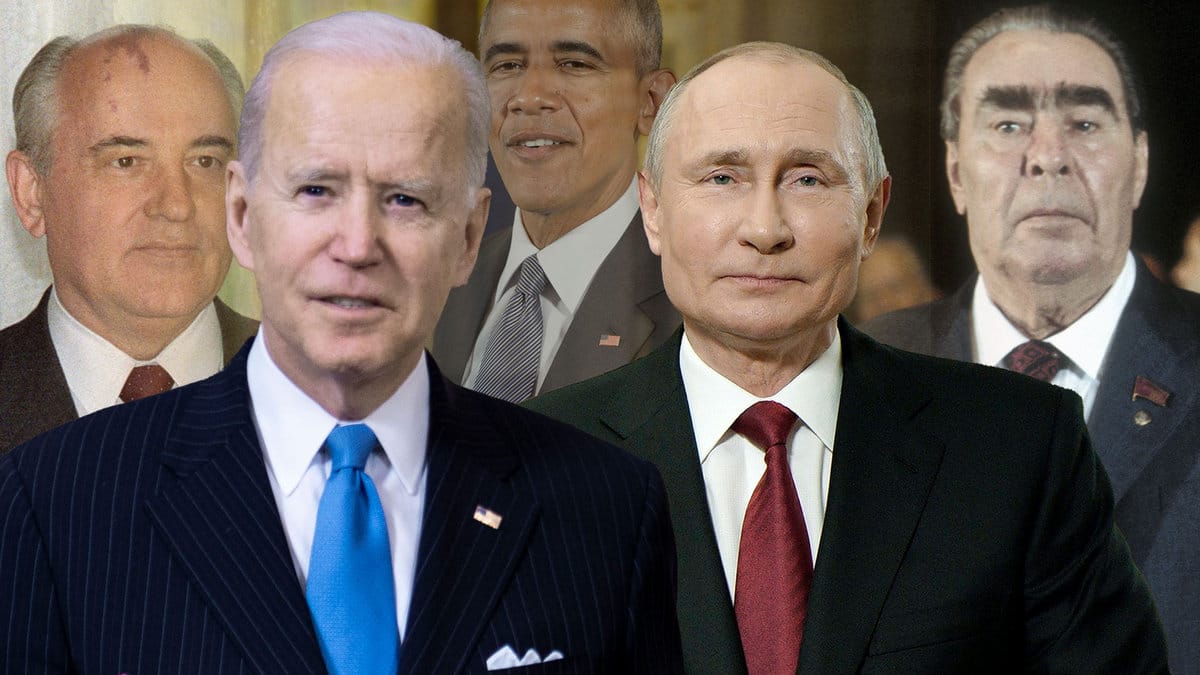 Joe Biden und Waldimir Putin, sowie Michail Gorbatschow, Barack Obama und Leonid Breschnew (Collage t-online): In Genf kommt es zur einer Neuauflage der Treffen zwischen USA und Russland.