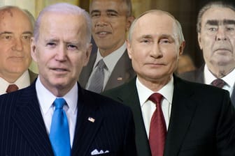 Joe Biden und Waldimir Putin, sowie Michail Gorbatschow, Barack Obama und Leonid Breschnew (Collage t-online): In Genf kommt es zur einer Neuauflage der Treffen zwischen USA und Russland.