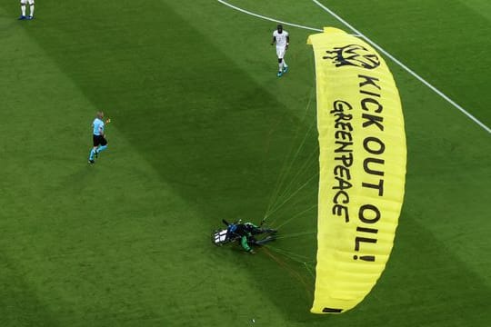 Protest in München: Ein Greenpeace-Aktivist landet auf dem Spielfeld während der EM-Partie Frankreich gegen Deutschland.