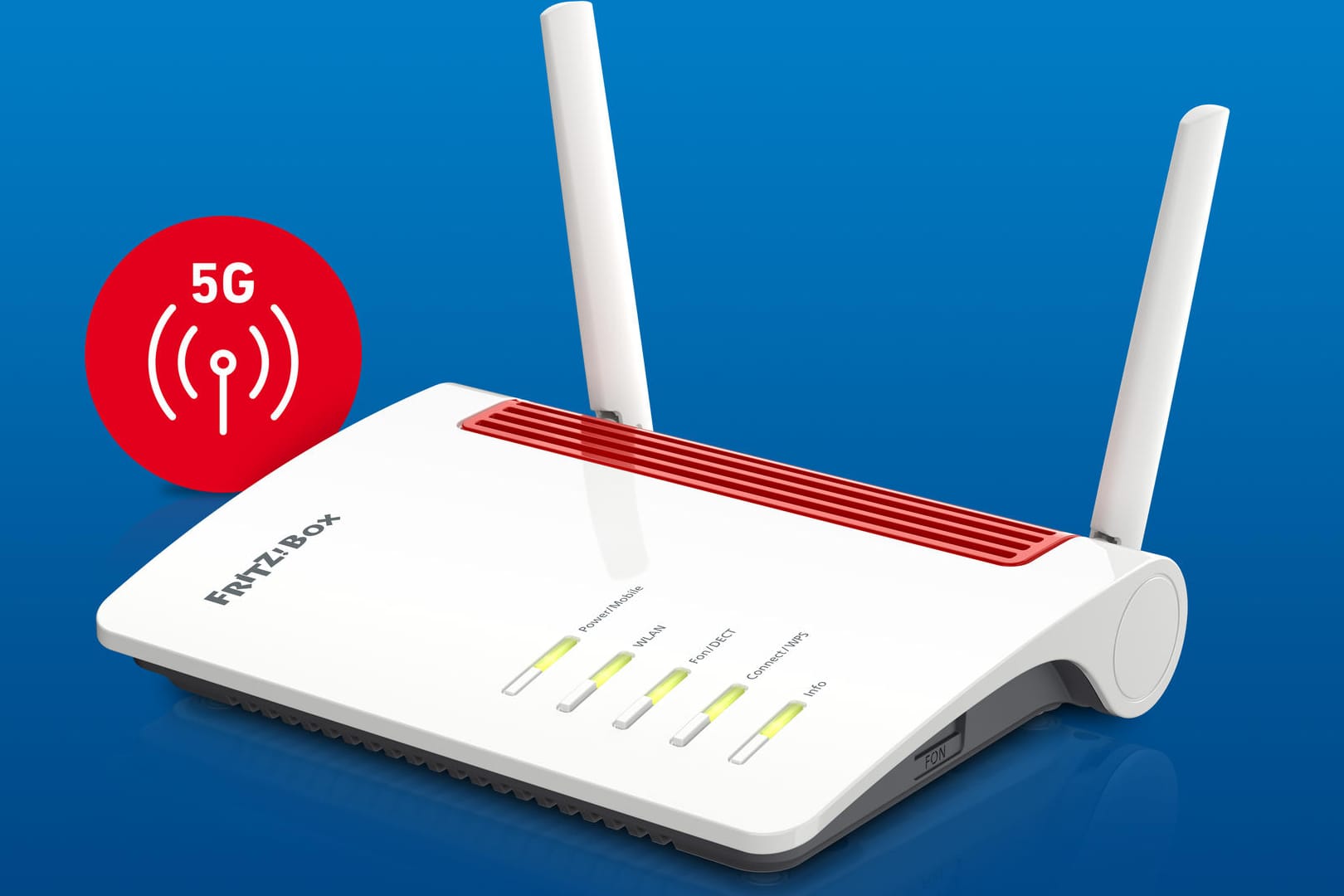 Ein Werbefoto der neuen Fritzbox von AVM: Das Gerät verfügt über 5G-Fähigkeiten.