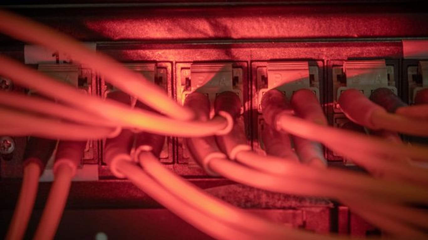 Glasfaserkabel führen zu einem Internet Switch in einem Serverraum.